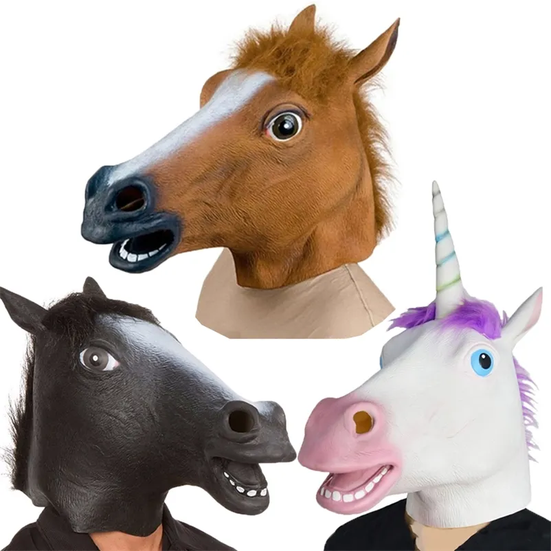 Maski na Halloween Lateksowa głowa konia Cosplay Zestaw kostiumów zwierzęcych Teatr Prank Szalone rekwizyty na przyjęcia Zestaw nagłowny Maska konia Pies Maski konia 220716