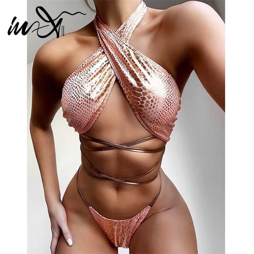 In X Sexy pink snake bikinis 2020 mujer Halter swimsuit female Ladies string swimwear women bathing suit Biquini Swimming suit T200708
