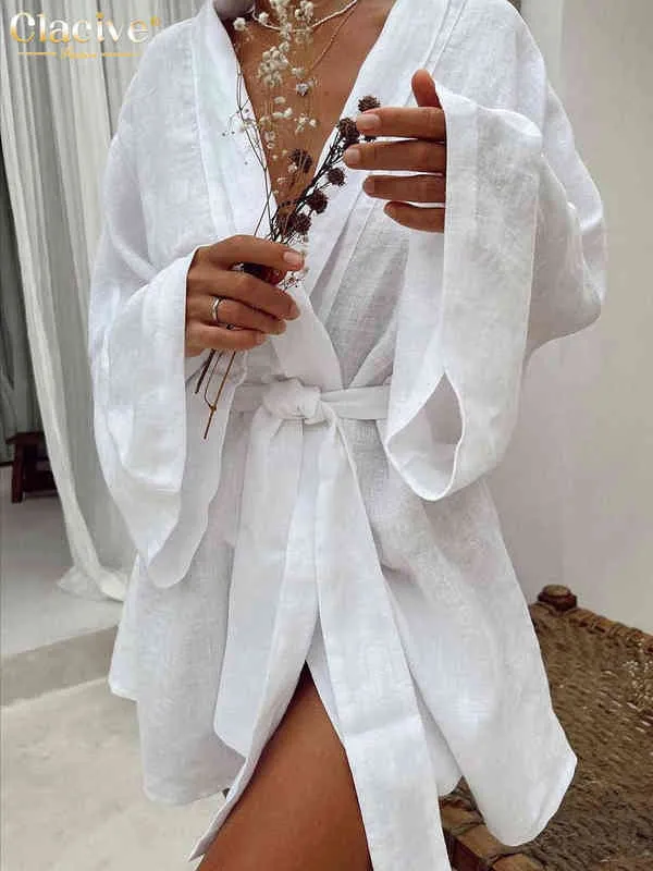 Clacive Sexy V-ausschnitt Weißes Kleid Dame Casual Lose Spitze-up Langarm Mini Kleid Mode Baumwolle Elegante Kleider Für Frauen roben T220804