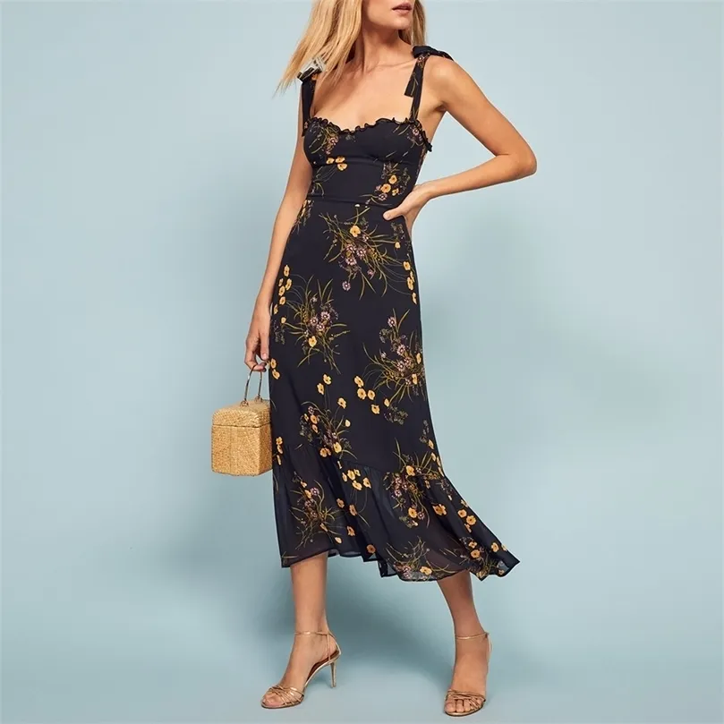 Dresses For Women Elegant Vintage Floral Dress Frill Sweetheart Neck Sleeveless Strap Tie Ruffle Hem Summer Beach Dress 220423