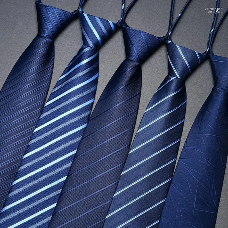 Corbatas de lazo de calidad superior para hombre, corbata azul a rayas con cremallera para hombre, 8 CM, trabajo de negocios, corbata de boda, regalo para hombre con caja Emel22