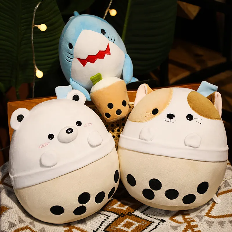 Kawaii Boba Plush Toys Shark Fucked Animal Bear Bear Plushe Bubble Cat Мягкая кукла молоко чашка чашка белого медведя Дети игрушка день рождения подарок на день рождения