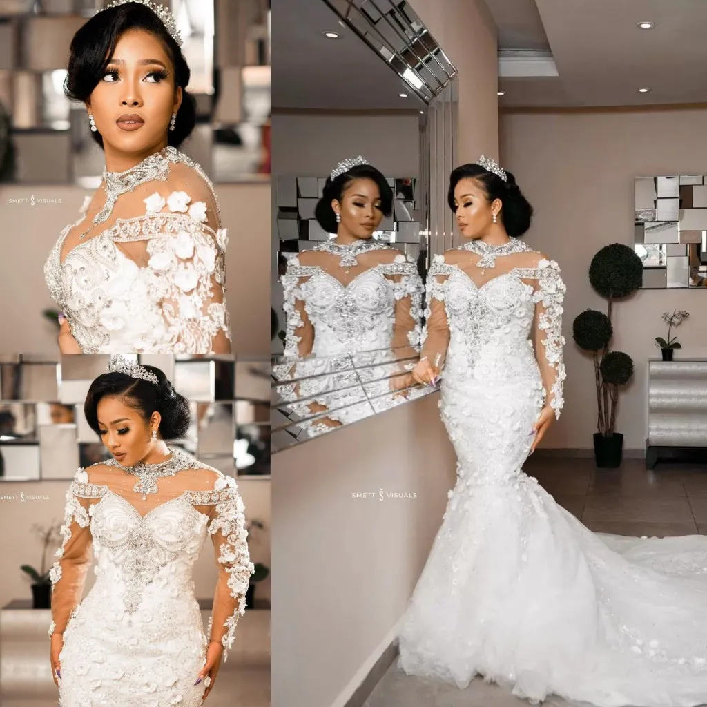 2022 Arabo Aso Ebi Lussuoso Pizzo Perline Cristalli Abiti da sposa Sheer Neck Abiti da sposa Sirena Abiti da sposa C0408