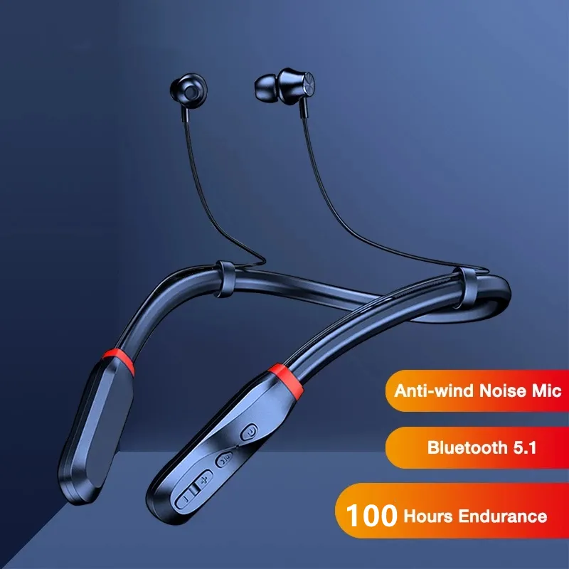 100時間の再生Bluetoothヘッドフォンベースワイヤレスイヤホンネックバンド5.1 Android iOS用のマイクスポーツ音楽ヘッドセットステレオ付きヘッドフォン