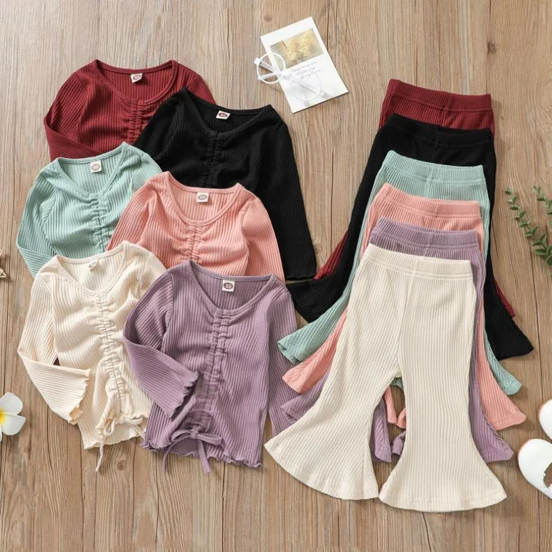 女の赤ちゃんの服セットピットストリップファードスリーブトップズボンソフトカラーソフトコットンスーツ6デザインオプションの子供服