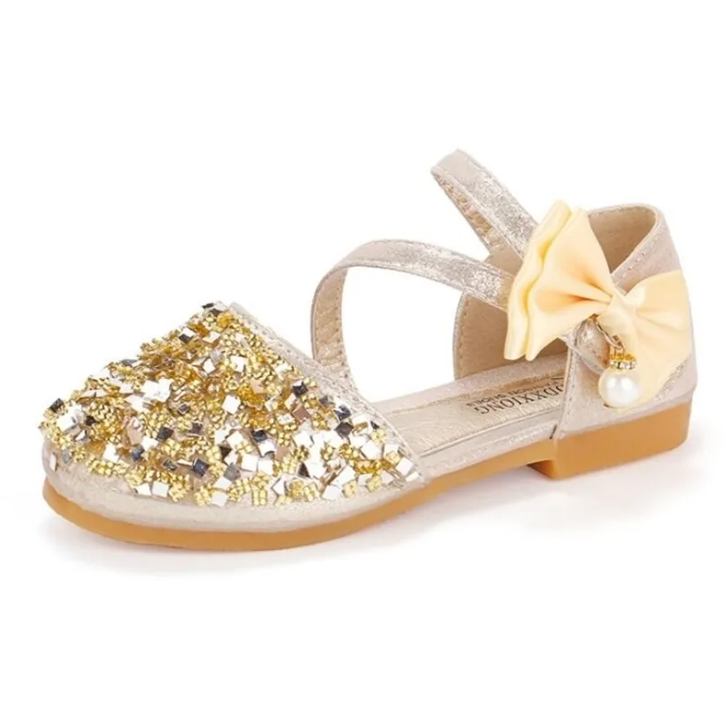 Meisjes sandalen pailletten zomer kinderen baby schoenen boog Koreaanse prinses show schoenen grote kinderen cool sandaal goud zilver 220527