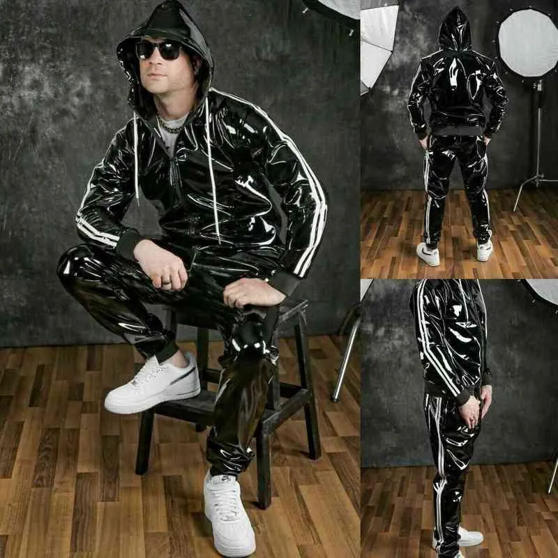 Men's PU Leather Tracksuit Jogging Coat Jacket Trousers Pants Sports Hoodie Set Y220420