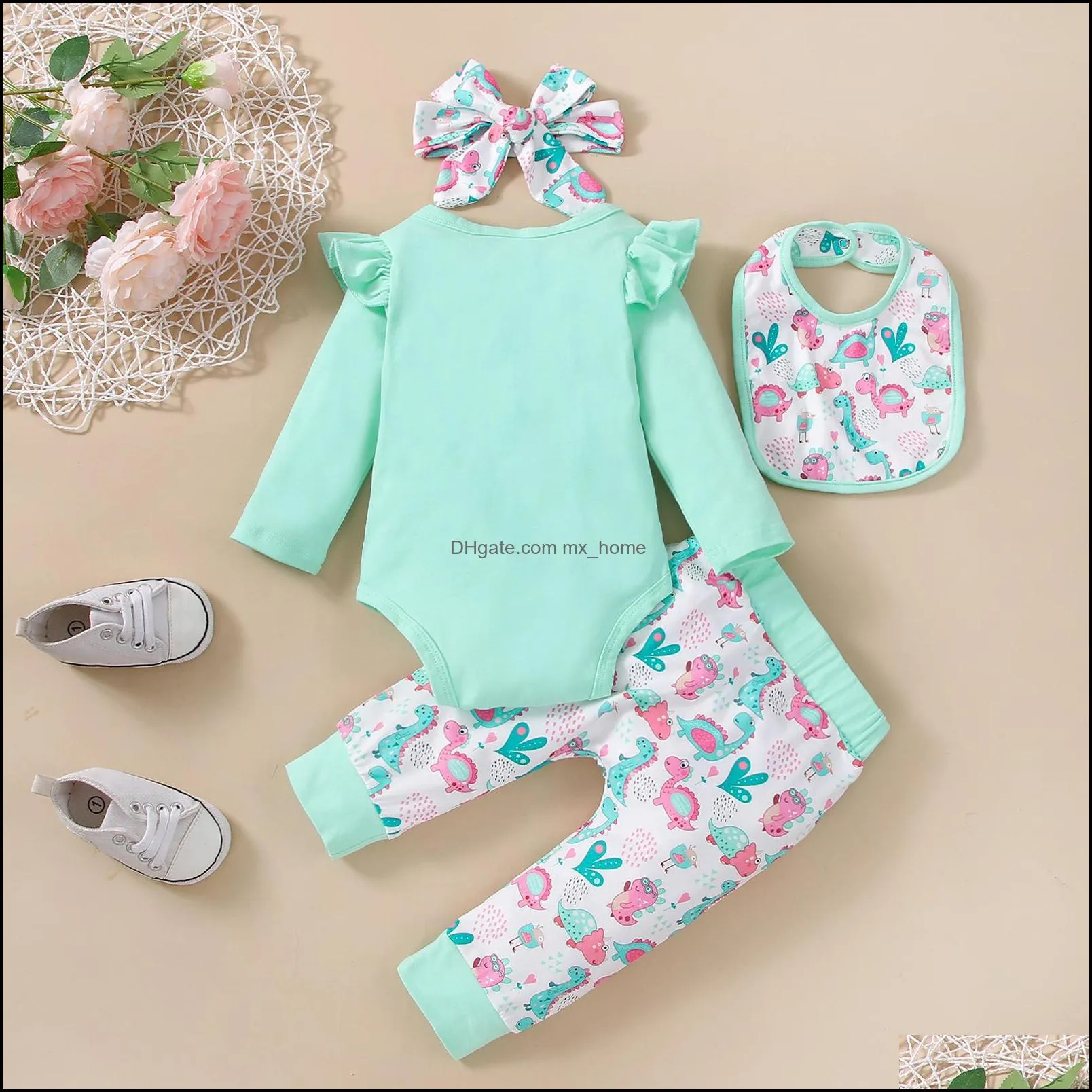 kids clothing sets girls outfits infant bow headband bibs flying sleeve letter tops dinosaur print pants 4pcs/set spring autumn fashion baby clothes