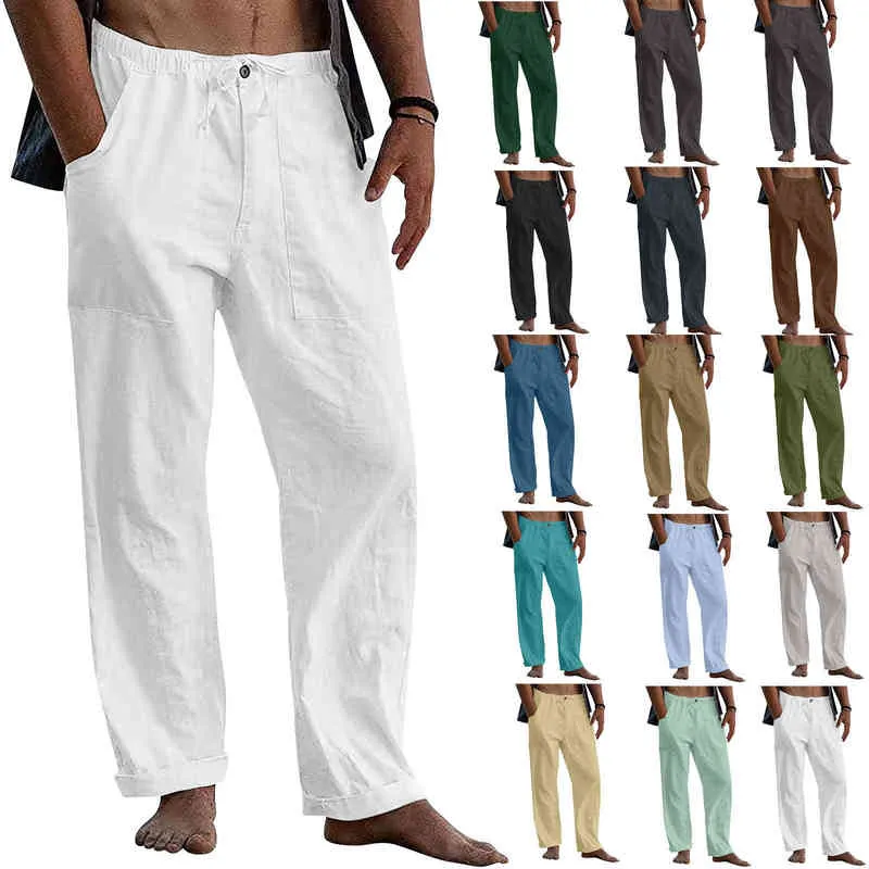 Pantalones de playa de lino para hombres Pantalones sueltos casuales Hombre Verano Tamaño grande Transpirable Color Sólido Pantalones Deportes Fitness Streetwear J220629