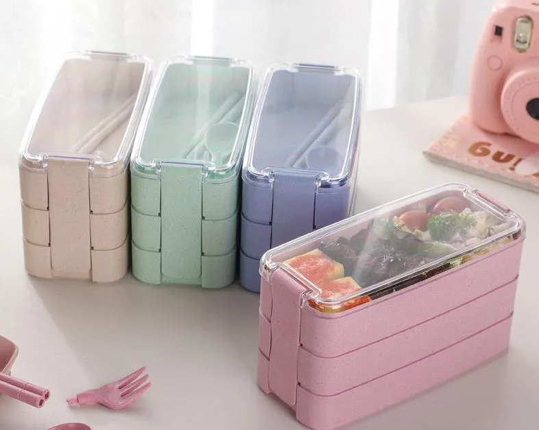 Healthy Material Lunch Box 3 Layer 900ml Wheat Straw Bento Boxes Microwave Dinnerware Food Storage Container Lunchbox SN4932