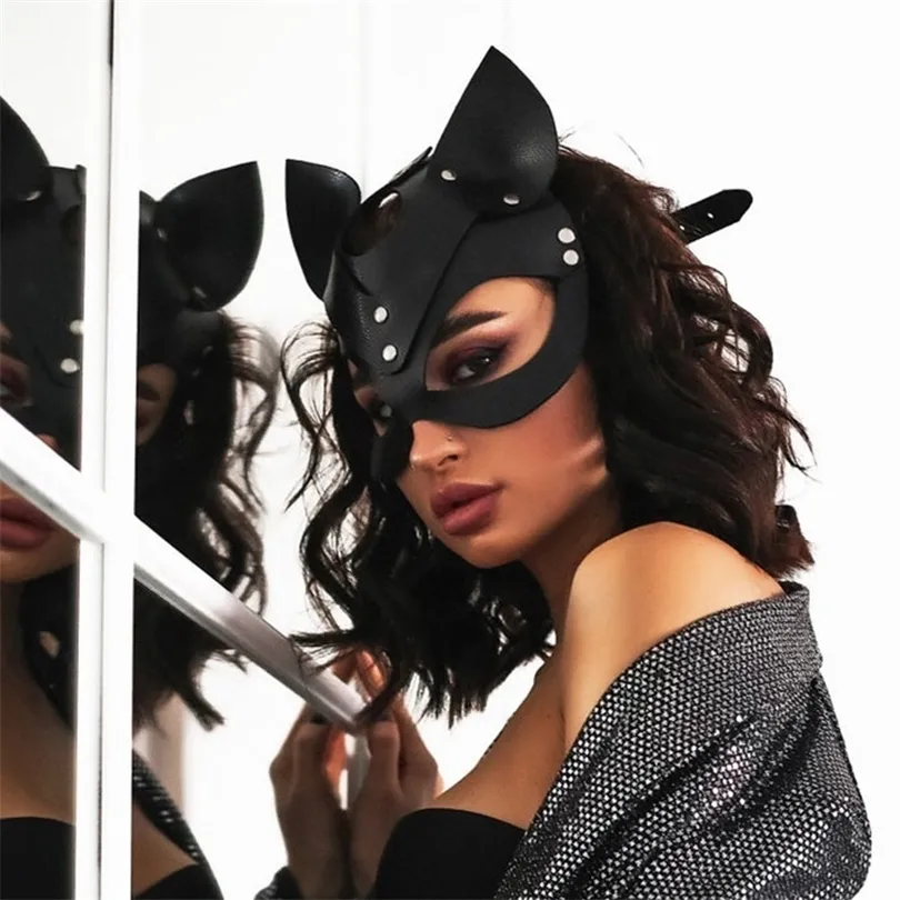 Women Cat Mask Sexig Cosplay Catwoman Rabbit Sexig Erotic Bunny Masks Girl Black Leather Cat Ears Masquerade Party Masks 200929