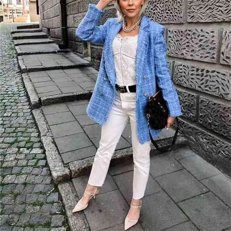 Giacca da donna elegante blu in tweed scozzese allentato Cappotto da donna in autunno streetwear Capispalla casual da donna con bottoni di diamanti 210515