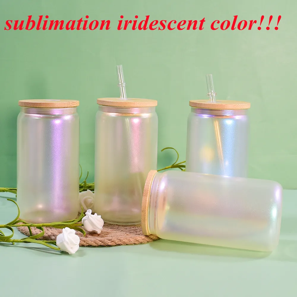 sublimation 12oz 16oz iridescent color glass tumbler glass can shimmering glasses with bamboo lid reusable straw holographic color beer juice can