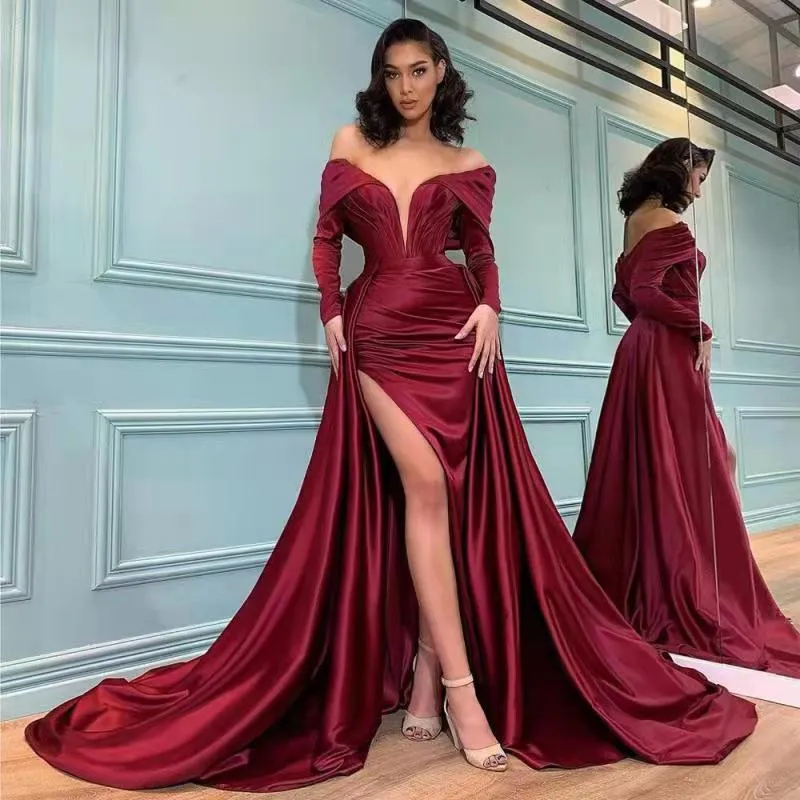 Sexy Proste Plus Size Syrenki Suknie Wieczorowe Off Ramię Ruched Pleys High Side Split Court Train Formalne Prom Party Nosić Custom Made