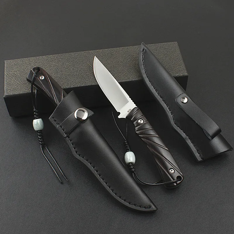 New H8401 Small Survival Straight Knife D2 Satin Drop Point Blade Ebony Handle Fixed Blade Outdoor Hunting Fishing Knives with Leather Sheath