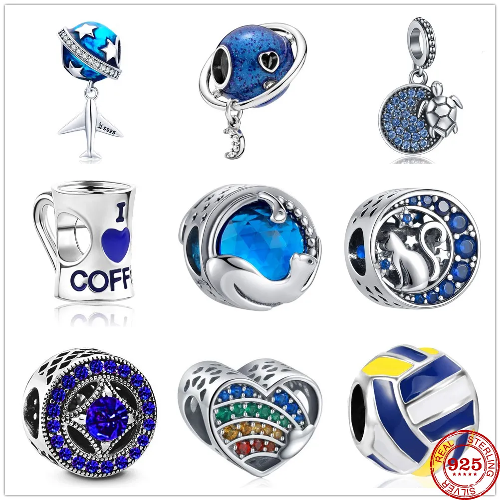 925 Sterling Silver Dangle Charm Blue Night Cat Planet Airplane Beads Bead Fit Pandora Charms Bracelet DIY Jewelry Accessories