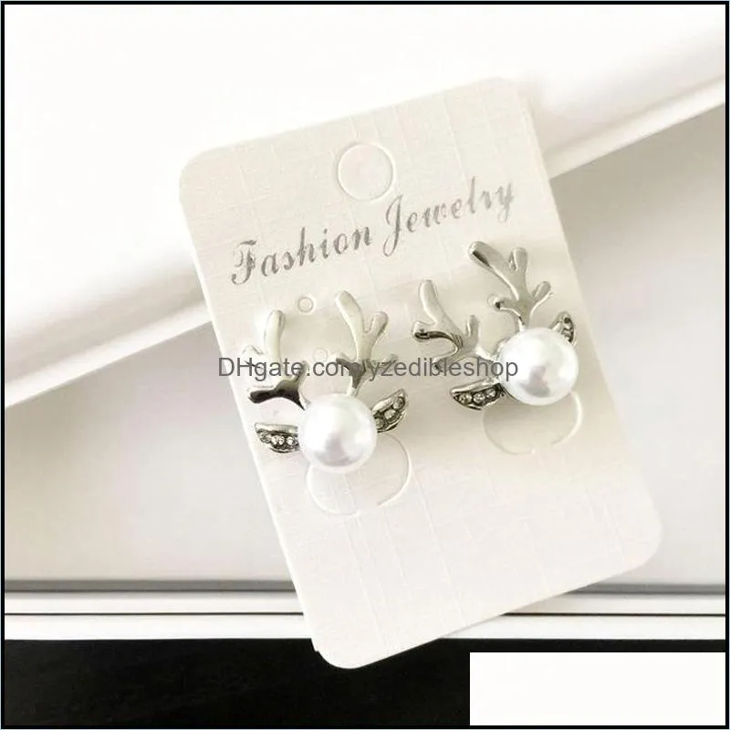 Luxury pearl Antlers Stud Earrings Christmas Reindeer Elk Animal Rhinestone crystal Silver Earrings For Women Girls Fashion Jewelry
