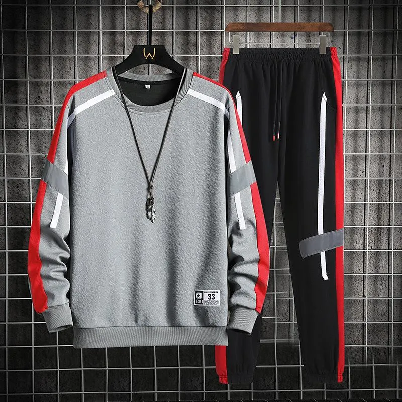 Herrspårar för män Fashionblock Crew Neck Sweatshirt och Sweatpants Tvådelar Set Spring Autumn Outfits Jogger Tracksuit Menme