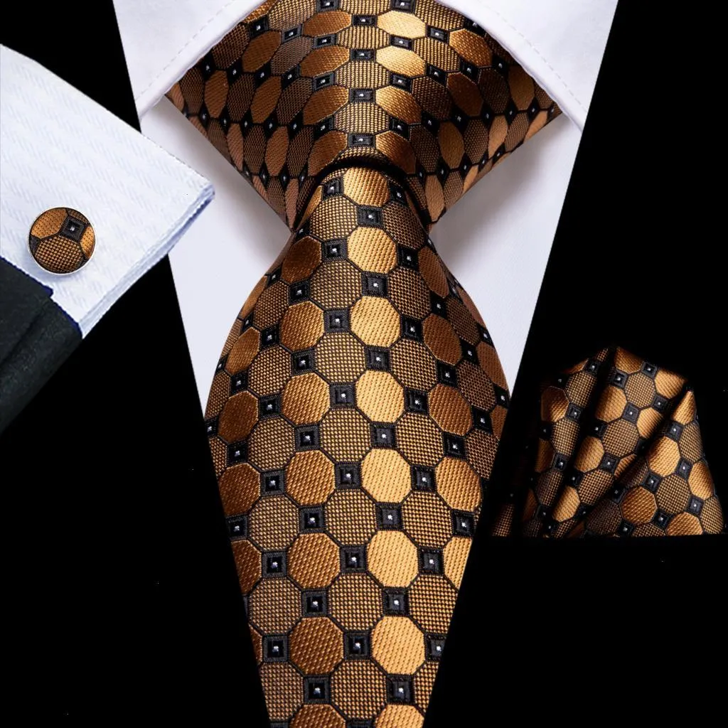 Hi-tie Black Gold Orange Dot Paisley Silk Wedding Tie For Men Handky Cufflink Fashion Design Business Party Dropship