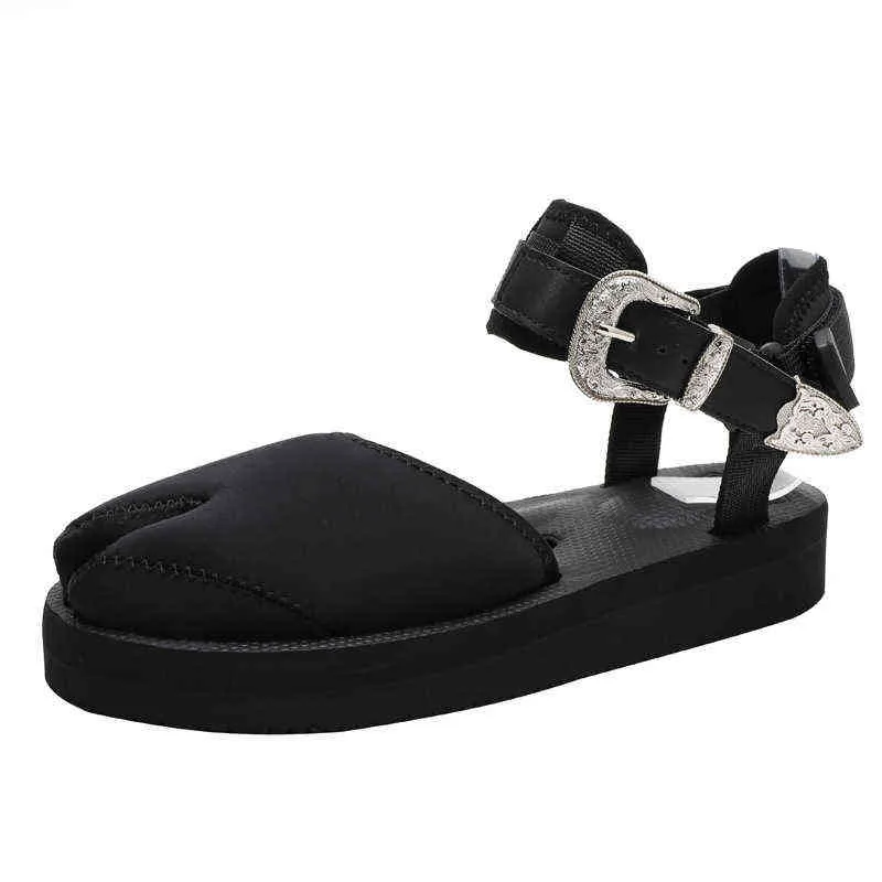 Klänningskor 2022 Nya Mode Split Toe Skor Flat Bottom Sandals Kvinnor Metall Buckle Platform Loafers High Heels 220324