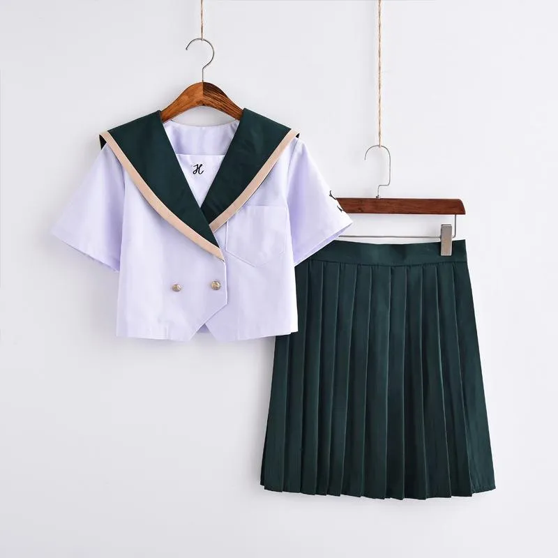 Kläder sätter japansk jk uniform ortodox mjuk syster sjöman kostym sommar kvinnor studenter college vind kort ärm toppar grön veckad kjol