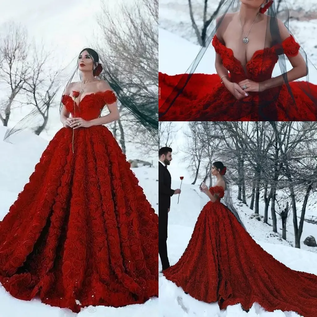 2022 Mörkröda bröllopsklänningar med 3D Rose Flowers Cathedral Train Arabic Middle East Church Off Shoulder Backless Wedding Gowns B0622X2