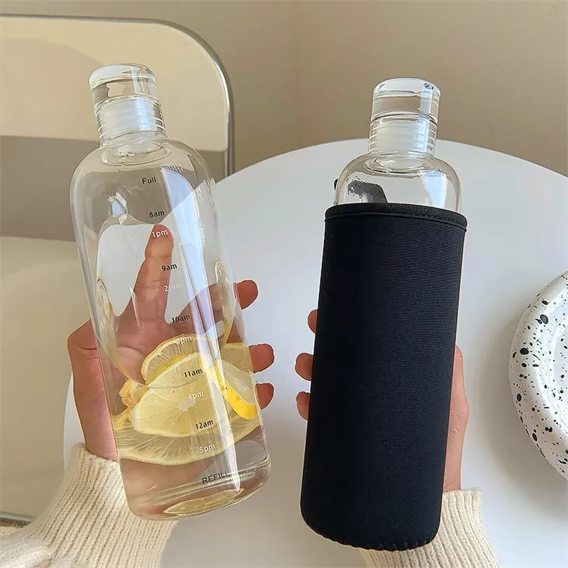 Time Scale Water Bottle Heat-resistant Glass Bottles with Cup Sleeve for Wine Juice Sleeve Small Mouth Leakproof Drinking Bottle 220423