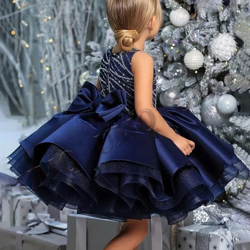 Robes de fille Robe de bal bleu marine Puff Enfant Anniversaire Robe de fille de fleur Sparkly Fête de mariage Défilé de mode Première Communion Tous les âgesGirl's