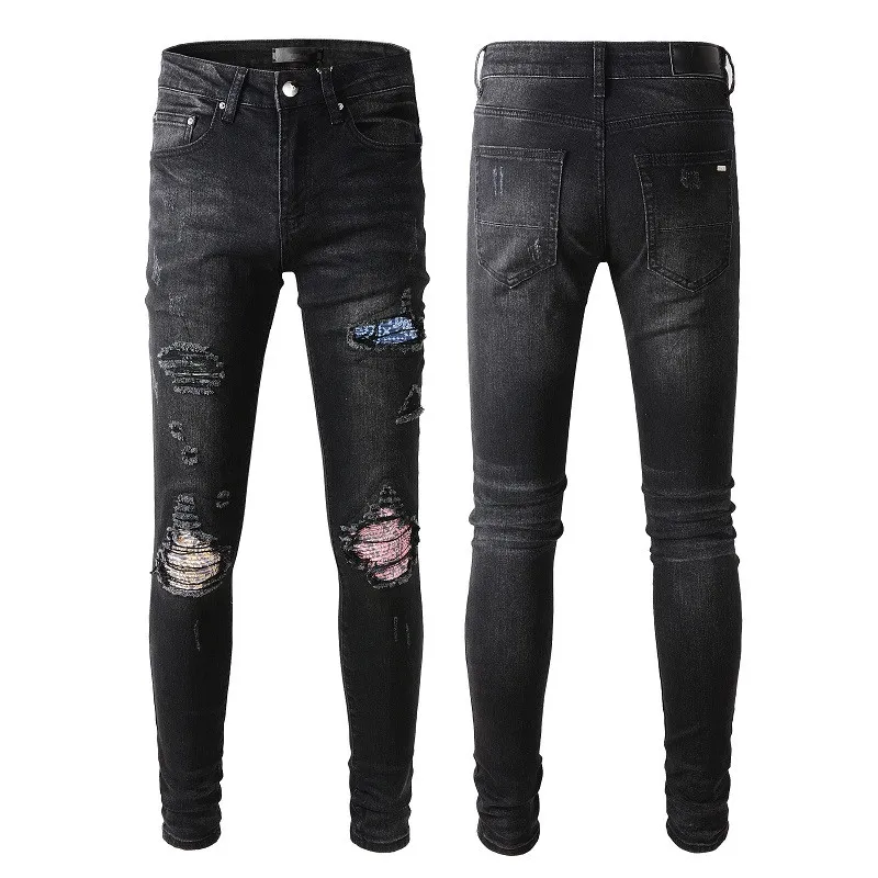 Jeans de créateur pour hommes Denim Skinny Rock Big and Tall Slim Biker Moto Hip Hop Jambe droite Patch bleu clair Vintage Stretch pour homme Pantalon déchiré de haute qualité Long trou de fermeture éclair