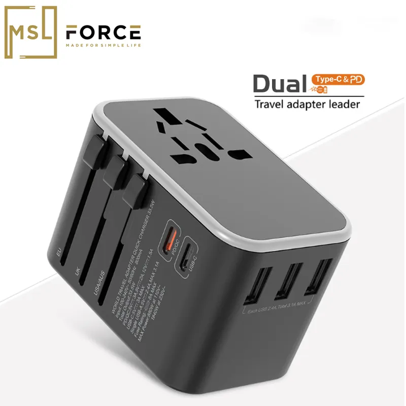 Universal Dual Type C PD QC USB All In One Usb To Outlet Adapter For Travel With EU, US, UK, And