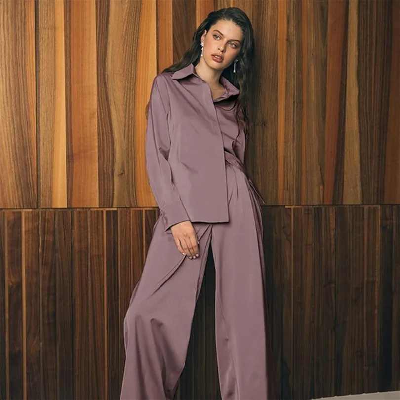 HiLoc Satin Sleepwear Home Suit Wear Spring Long Sleeve 2 Piece Top And Pants Women Sets Casual Solid Ladies Trousers Set 220329
