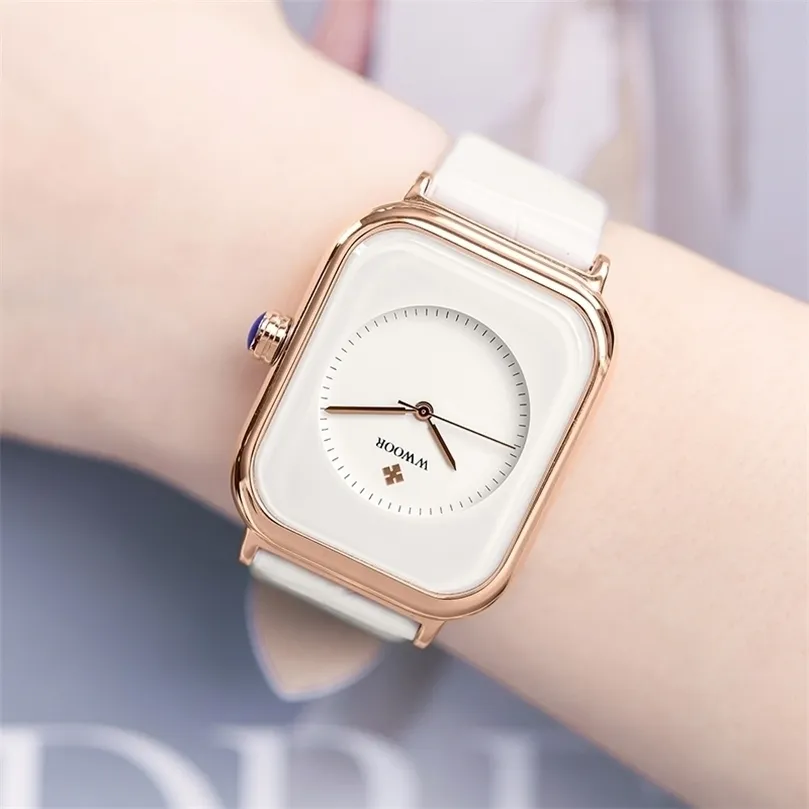 Fashion Women Watches Wwoor White Leather Minimalista Rectangular Damas Dirección de cuarzo Relogio Relogio Feminino Montre Femme 220517