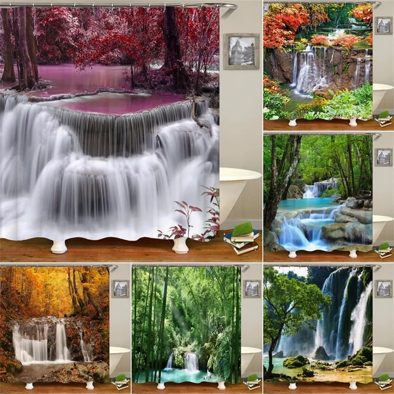 Forest Landscape Bathroom Curtain 3D Natural Scenery Waterfall Printing Shower Curtains Waterproof Polyester Home Decoration 220517