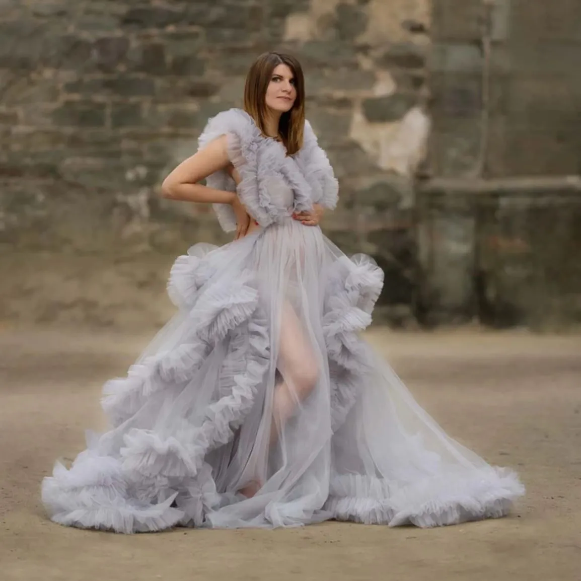 grey puffy dress Lovely Grey Shiny Tulle V-neckline Puffy Sleeves Long Prom Dresses, Grey Evening Dresses