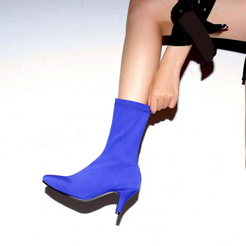 EOKKAR Hot Pink Kitten Heel Stretch Ankle Boots For Women Pointed Toe Elastic Booties Royal Blue Women Shoes Low Heel BootsT220718 From 33 63 DHgate