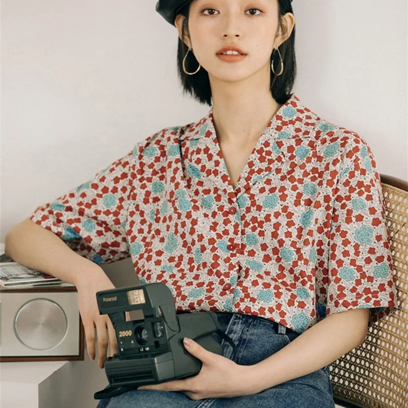 Inman zomer vrouwen top retro vintage literaire bloemen Koreaanse mode bloem blouse jonge schattige knoppen rechte dame vrouwelijk shirt 220527