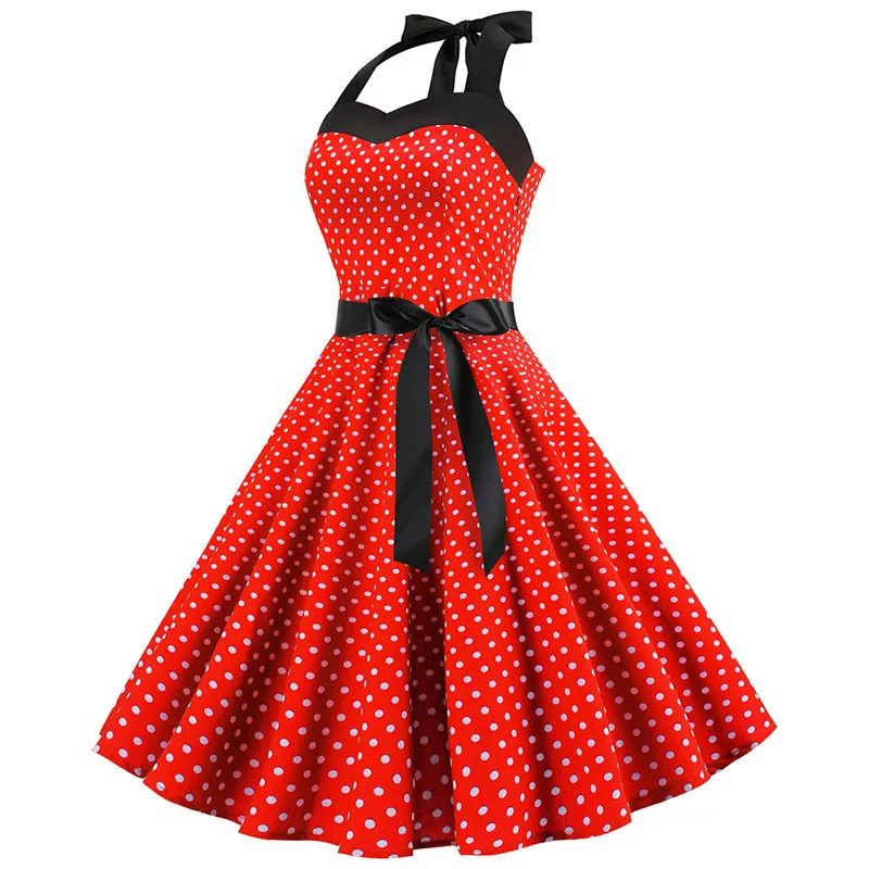 Sexy Retro Red Bolka Dot Vestido Audrey Hepburn Vintage Halter 50s