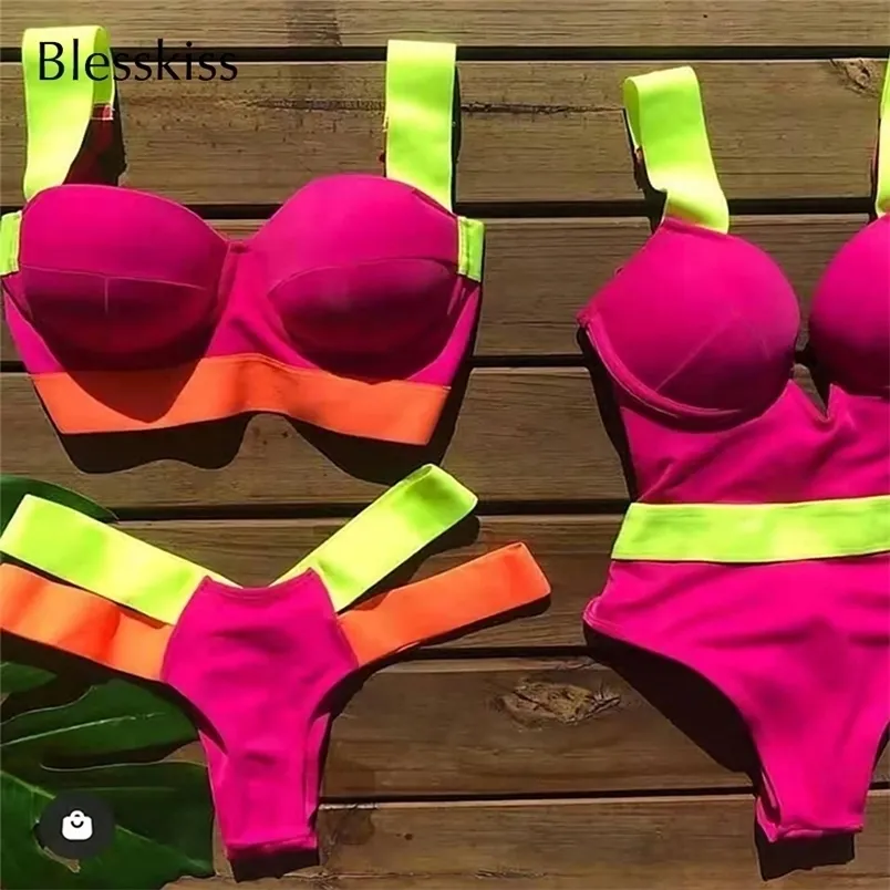 BLESSKISS Sexy Push Up Bikini Women Swimsuit Thong Cut Out Neon Bandage Brazilian Swimwear Bathing Suit Swim Bikini Set 220518