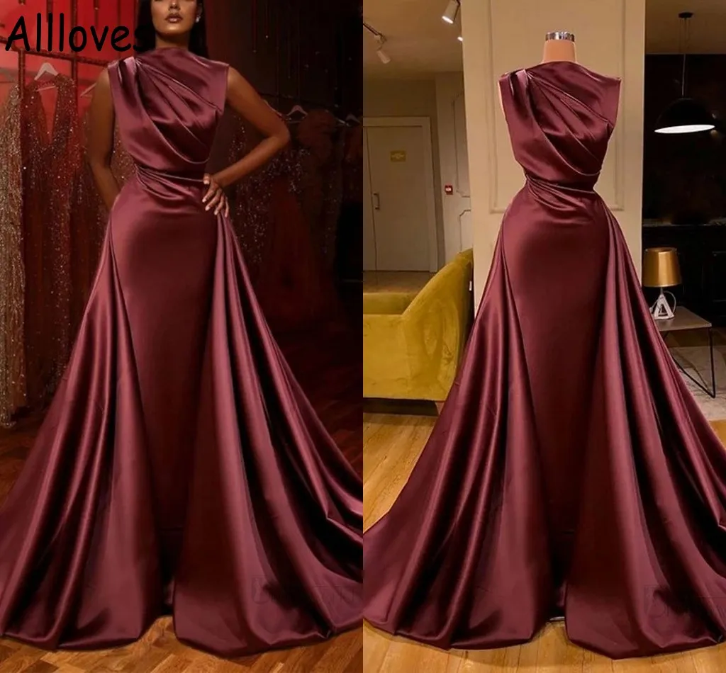 Burgundy Elegant Satin Ruched Evening Dresses With Detachable Train Long Sleeves Prom Party Gowns Arabic Aso Ebi Women Formal Occasion Dress Robe de Soiree AL7798