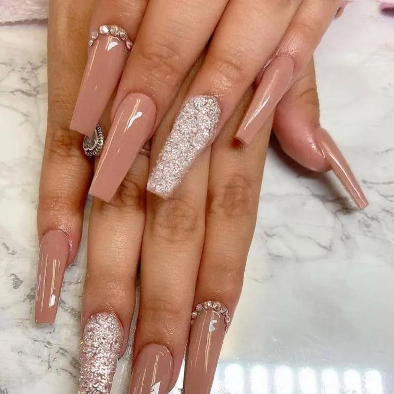 False Nails 24sts Coffin French French Löstagbar Silver Glitter Design Ballerina Fake Full Cover Nail Tips Press On Prud22