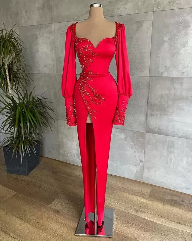 2022 Sexy Red Evening Dresses Wear Sweetheart Long Sleeves Satin Lace Applique Crystal Beads Long Sleeves High Side Split Sheath Plus Size Prom Dress Party Gowns