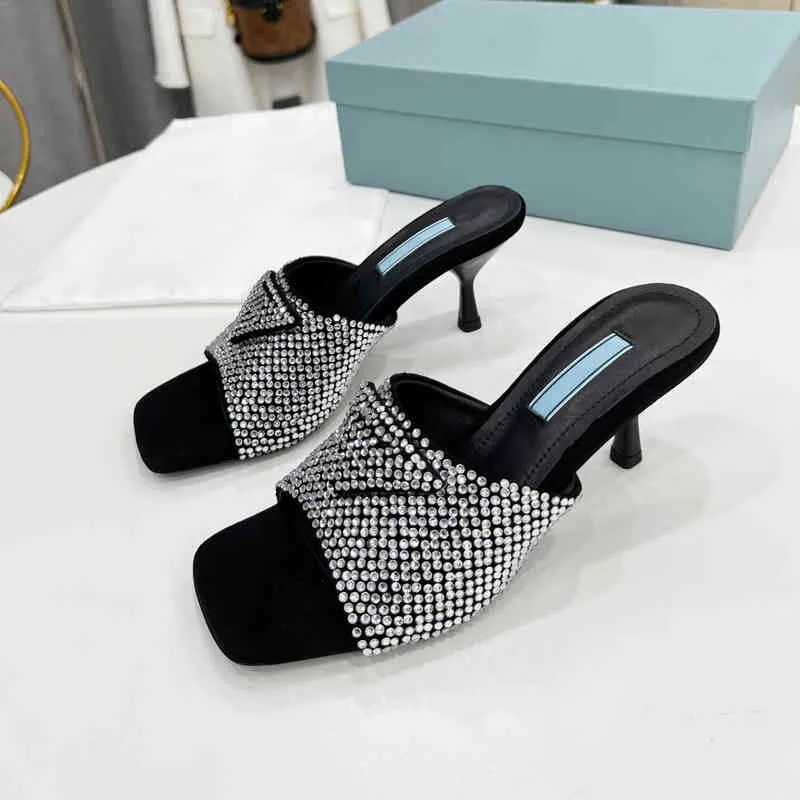 Sandales Hoge Hakken Schoenen Vrouwen Zomer Nieuwe Natuurlijke Kid Suede Pantoufles Crystal Slides Open Tenen Designer Chaussure Femme Maat 220323