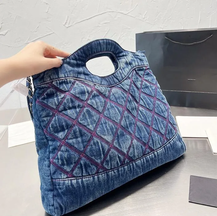 Designer Totes Denim Shopping Bag Blue Black Embroidered Distressed Fashion Soft Canvas Bag Quilted Plaid Silver Metal Chain Large Capacity