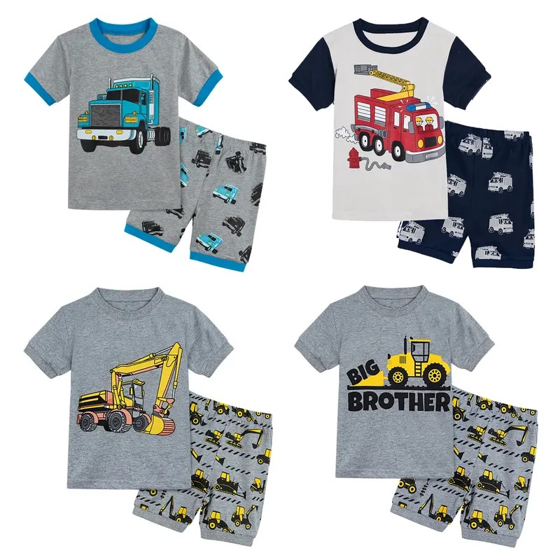 Kids Boys Girl Pajamas Set Toddler Fireman Loungewear Children Cartoon Excavator Fire Truck Sleepwear Summer 2PCS 220714