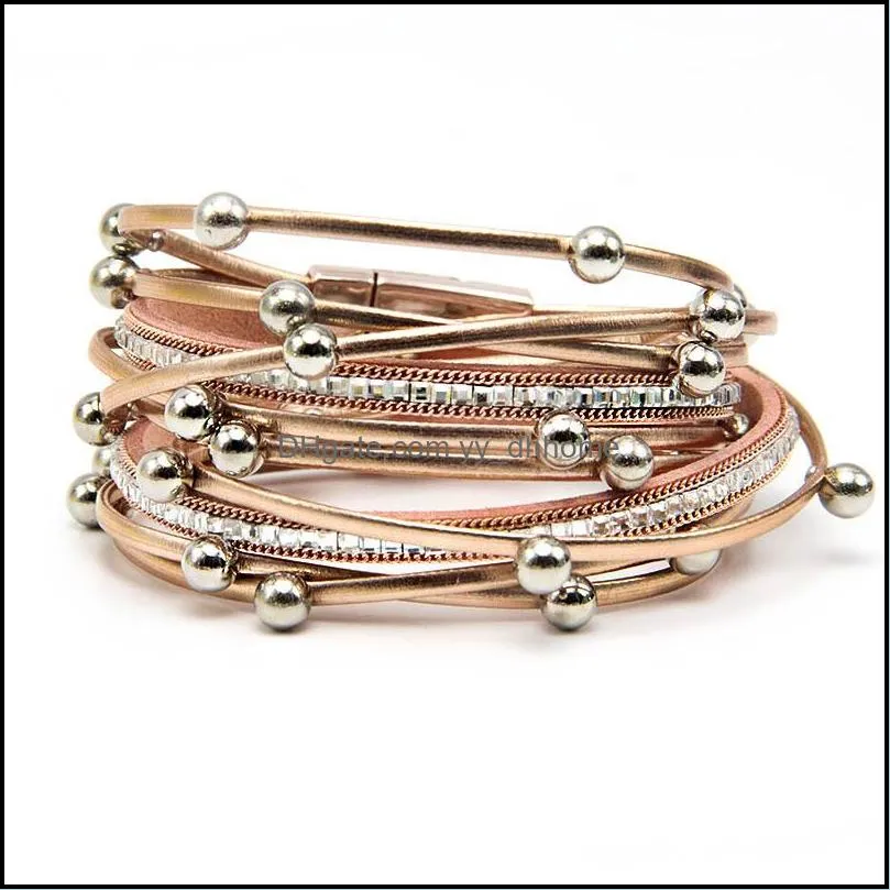 5 Colors New Fashion Shinning Bead Wrap PU Leather Bracelet Bangle Women Design Multilayer Bracelet with Magnetic Clasp