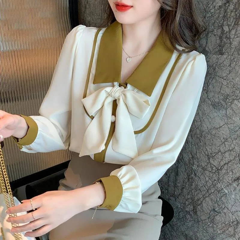 Women's Blouses & Shirts France Spring Casual Chiffon Office OL Shirt Korean Ladies Vintage Elegant Blouse Long Sleeve Patchwork Bow Chic To