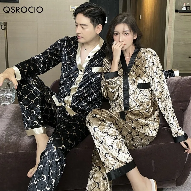 QSROCIO Pigiama da donna di alta qualità Set Pigiama in velluto Moon Print Casual Homewear Uomo Pigiama da notte Coppia di lusso Pigiama Femme 220511