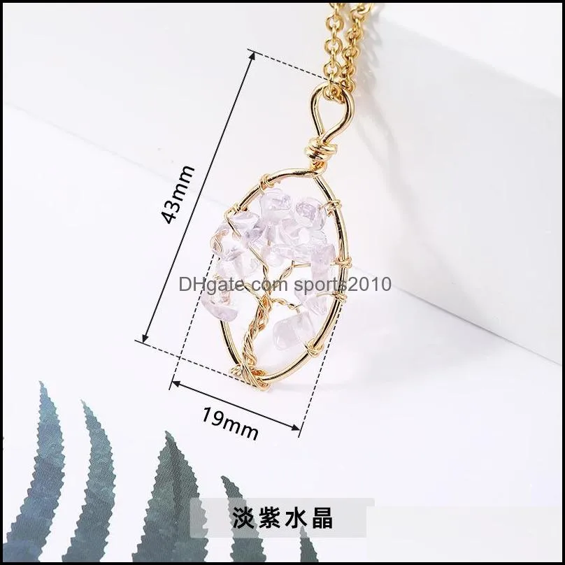 stone crystal charms necklaces copper twine tree of life wire wrap pendant amethyst tiger eye rose quartz wholesale jewelry sports2010