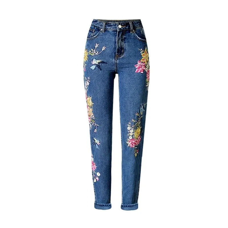 Vinter hög midja jeans kvinna byxor vintage blommor broderad pojkvän för womendenim mager blyertsbyxor mamma 210521