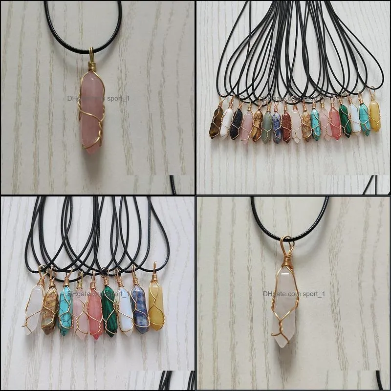 reiki healing jewelry natural stone pendant wire wrap hexagonal bullet opal amethysts quartz crystal pendulum chakra necklace